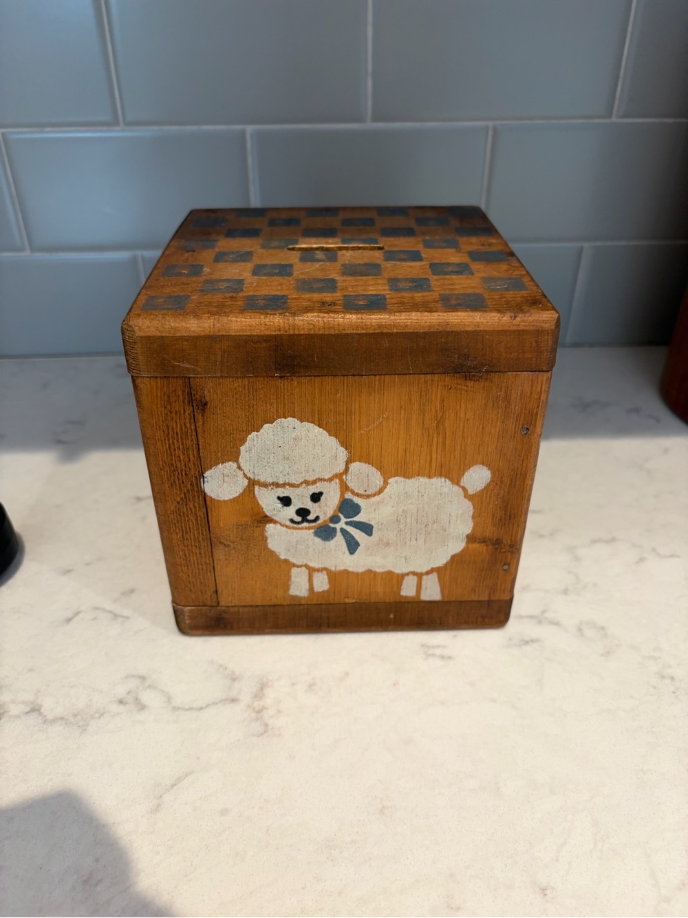 Vintage Wooden Decorative Bank Box with Painted Lamb